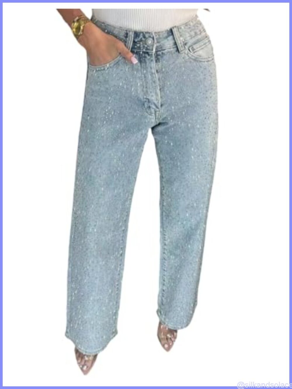 Rhinestone Straight Leg Boyfriend Jeans Mid Rise Bling Denim Pants